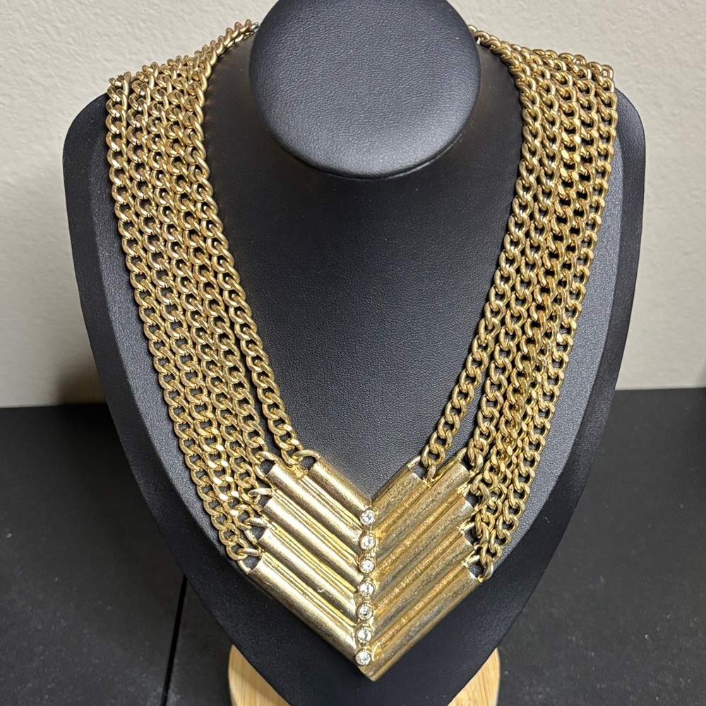 Elegant Gold Statement Necklace Rhinestone Multi Chain